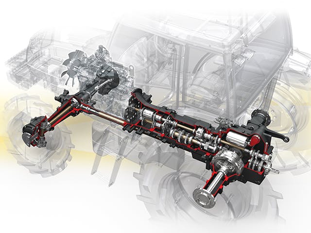 Model mechanického hnacího ústrojí pro počítačem podporovaný návrh v kontextu traktoru.