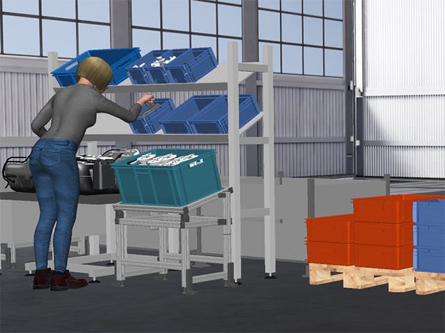 Virtual female human figure performing work tasks in a Process Simulate Human software simulation study.
