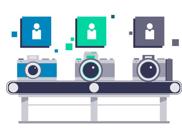Illustration of three cameras on a conveyor belt going down the line of production.