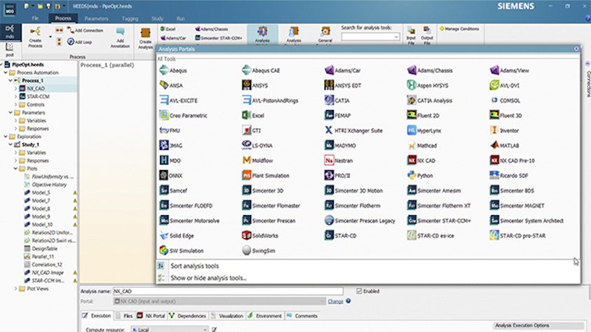 Screenshot showcasing the diverse array of portals and direct interfaces within HEEDS for process automation.