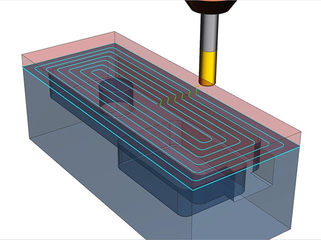 A Computer-Aided Manufacturing software application is used to program a machine-tool path comprised of offset 2D geometric profiles.