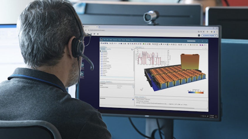 An engineer using Simcenter X cloud simulation software to access Simcenter STAR-CCM+ for post-processing of a CFD simulation through a web browser.
