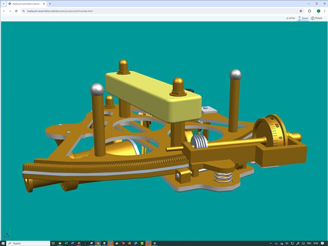 Un modèle 3D s'affiche dans un navigateur. Les pièces sont définies à l'aide du format de fichier JT et les graphiques sont intégrés dans un navigateur personnalisable à l'aide de PLM Vis Web.